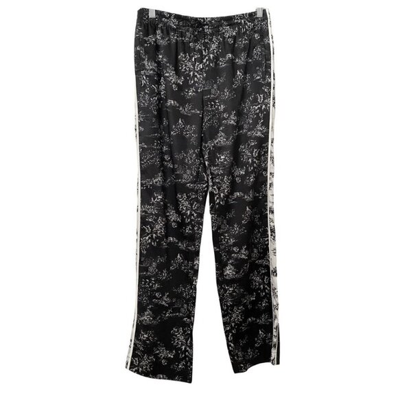 NWOT JUDITH & CHARLES BLACK WHITE SATIN BOTANICAL SIDE STRIPE DRAWSTRING PANTS - Picture 1 of 9